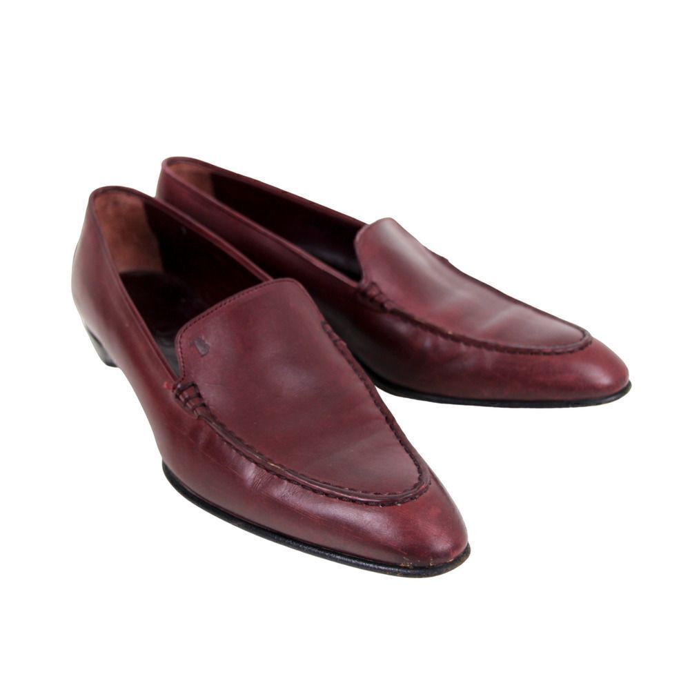 TOD'S REDDISH BROWN GENUINE LEATHER POINTED TOE LOW HEEL SLIP ON LOAFER SHOES 7